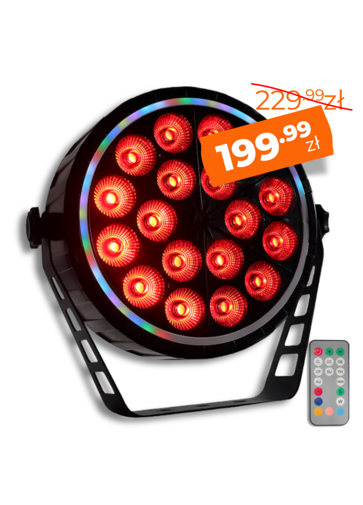 LIGHT4ME RING PAR 18 RGBW reflektor sceniczny efekt oświetleniowy DMX 18x10W RGBW LED+51x0,3W RGB LED efekt ring pilot bezprzewodowy uchwyt montażowy