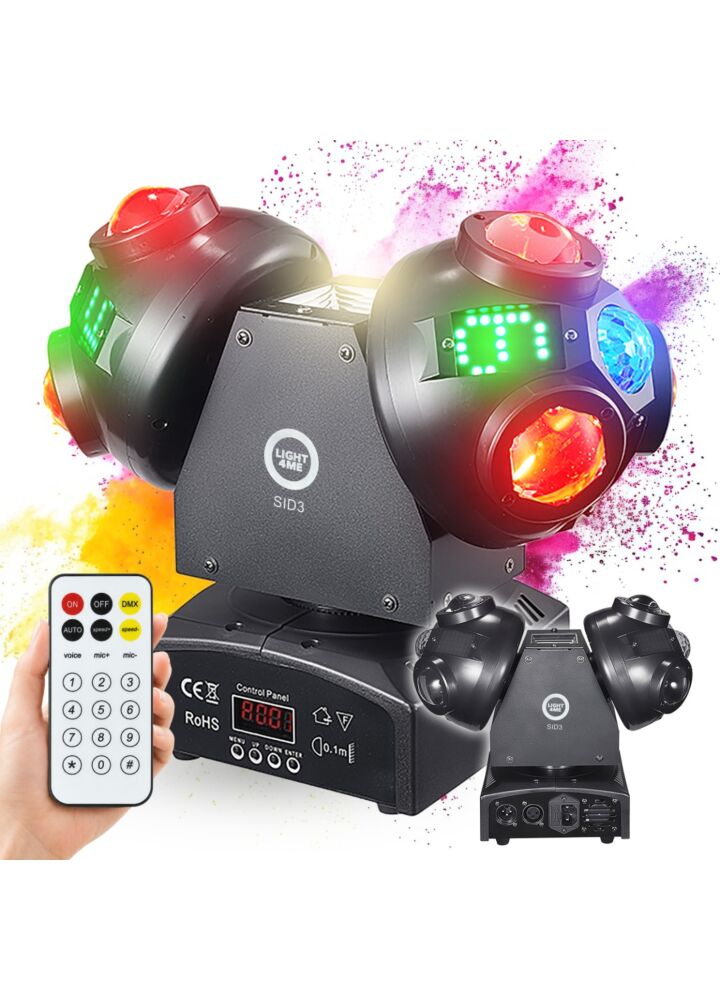 LIGHT4ME SID3 ruchomy multiefekt oświetleniowy 4w1 LED DMX efekt beam 24x3W R/G/B/W Magic Ball 2x10W RGBW Color Module 40x0,2W RGB White Strobe 10W CW pilot bezprzewodowy uchwyt montażowy omega