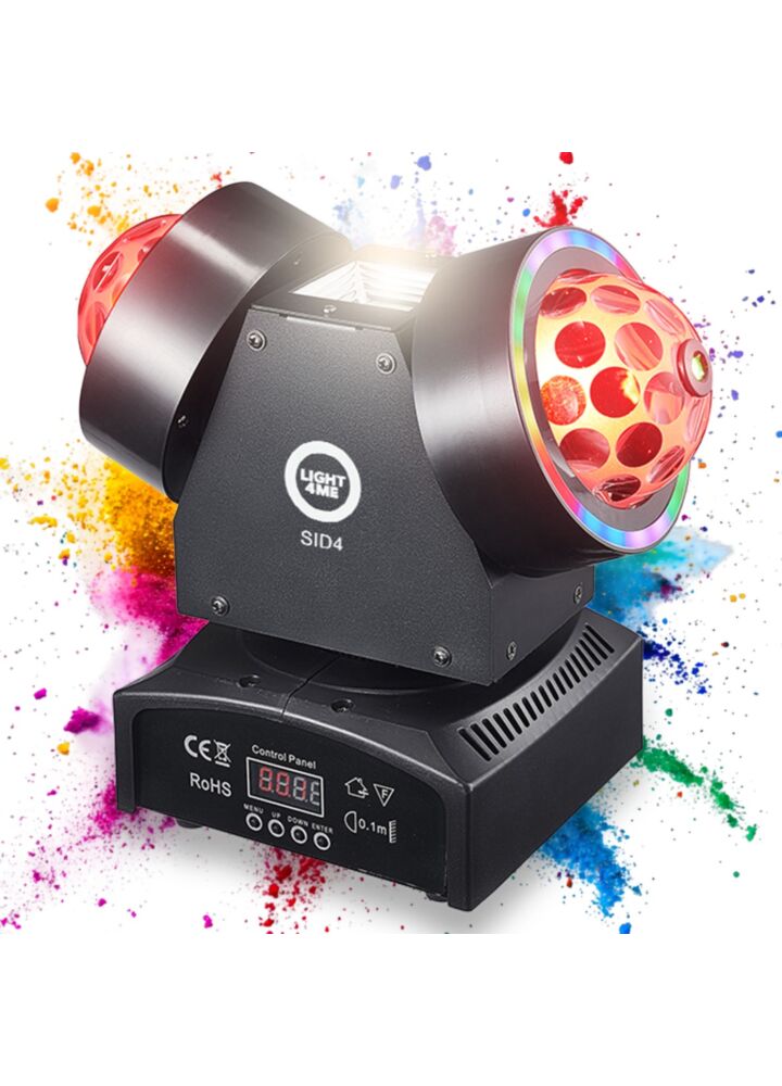 LIGHT4ME SID4 ruchomy multiefekt oświetleniowy 4w1 oświetlenie sceniczne LED DMX Magic Ball 8x3W R/G/B/W Ring 42x0,2W RGB laser czerwony 50 mW laser zielony 50 mW White Strobe 10W CW pilot bezprzewodowy uchwyt montażowy omega