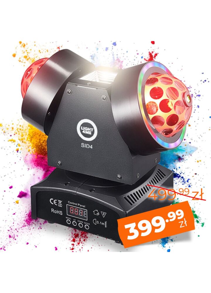 LIGHT4ME SID4 ruchomy multiefekt oświetleniowy 4w1 oświetlenie sceniczne LED DMX Magic Ball 8x3W R/G/B/W Ring 42x0,2W RGB laser czerwony 50 mW laser zielony 50 mW White Strobe 10W CW pilot bezprzewodowy uchwyt montażowy omega