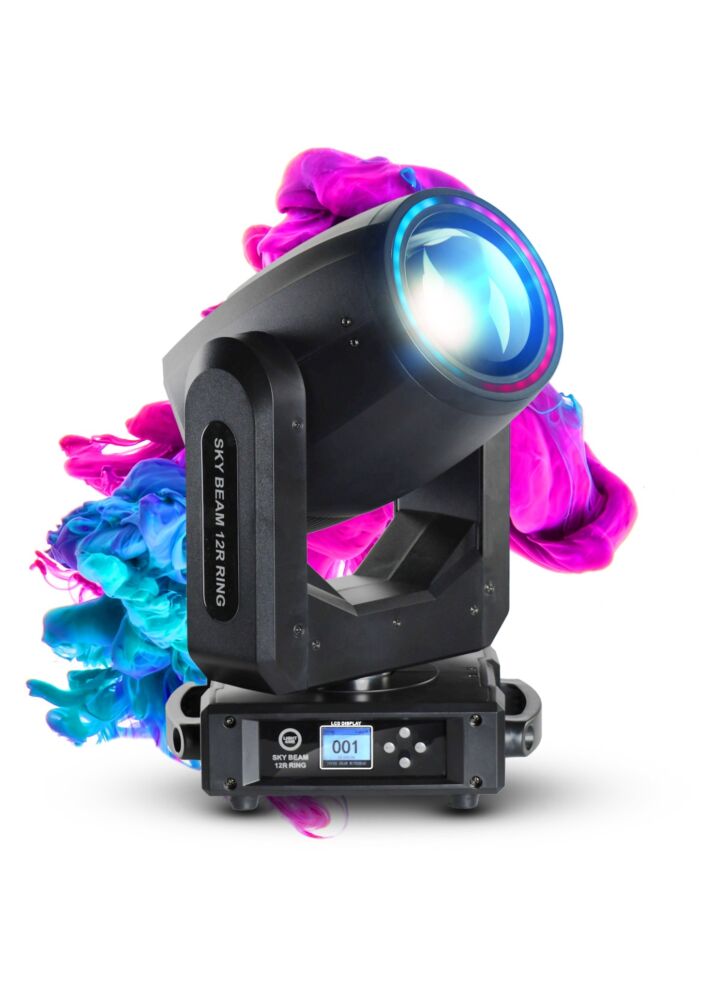 LIGHT4ME SKY BEAM 12R RING głowica ruchoma beam oświetlenie sceniczne DMX lampa wyładowcza 295W efekt ring 27x0,2W RGB SMD5050 LED 2x uchwyt montażowy omega
