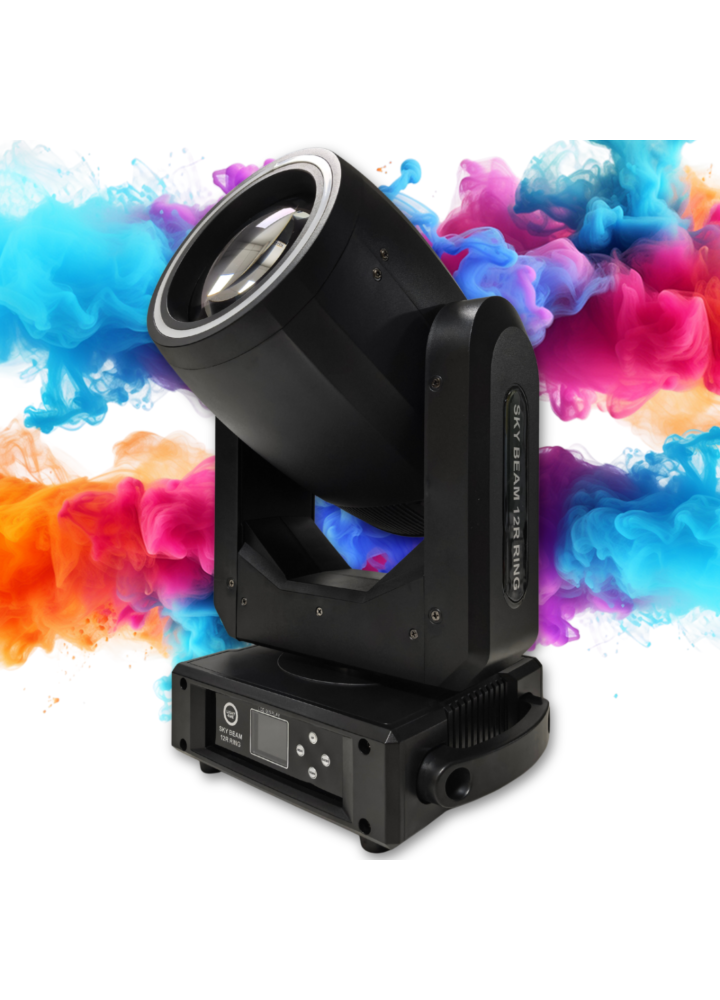 LIGHT4ME SKY BEAM 12R RING głowica ruchoma beam oświetlenie sceniczne DMX lampa wyładowcza 295W efekt ring 27x0,2W RGB SMD5050 LED 2x uchwyt montażowy omega