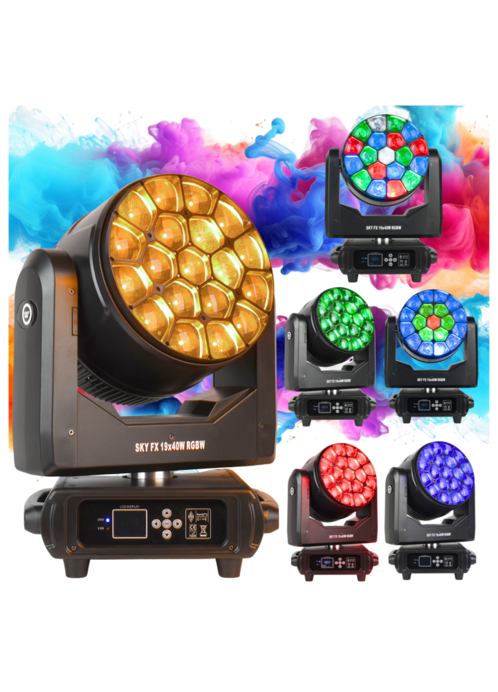 LIGHT4ME SKY FX 19x40W RGBW głowica ruchoma wash oświetlenie sceniczne LED DMX 2x uchwyt montażowy omega