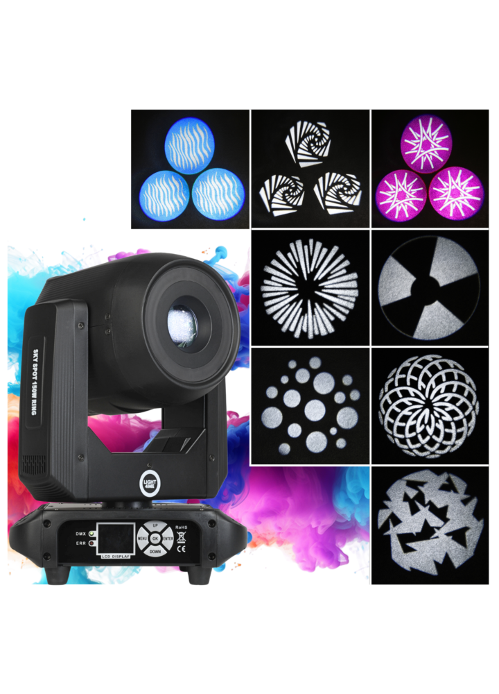 LIGHT4ME SKY SPOT 150W RING głowica ruchoma spot LED DMX efekt ring 18x0,5W RGB SMD LED uchwyt montażowy omega