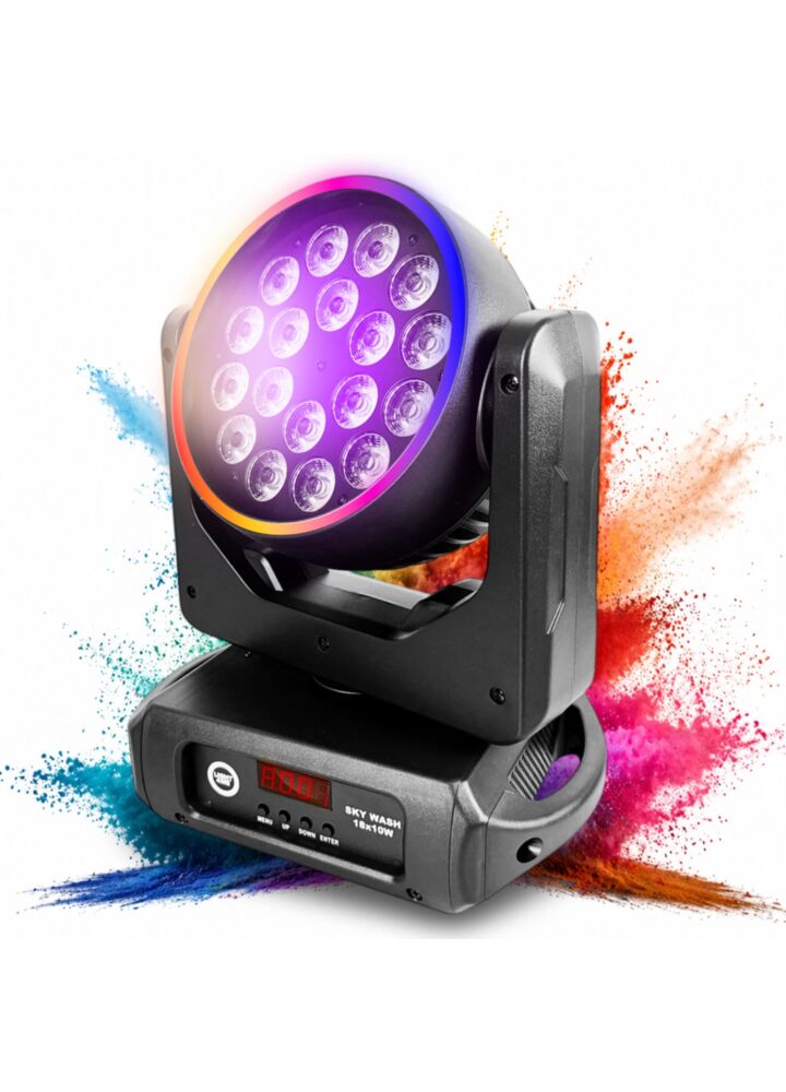 LIGHT4ME SKY WASH 18x10W RGBW głowica ruchoma wash oświetlenie sceniczne LED DMX efekt ring 60x0,2W RGB uchwyt montażowy omega