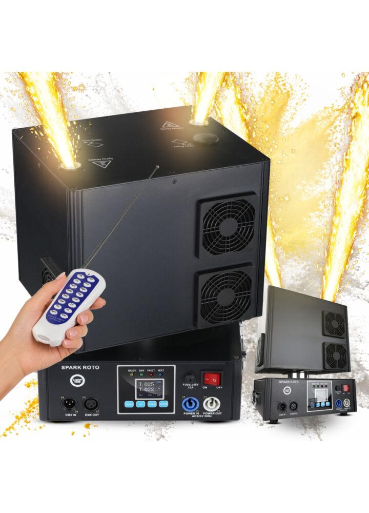 LIGHT4ME SPARK ROTO obrotowa wytwornica iskier maszyna do zimnych ogni 1300W DMX podwójna fontanna iskier do 5 metrów nieskończona rotacja efekty sekwencyjne pilot bezprzewodowy