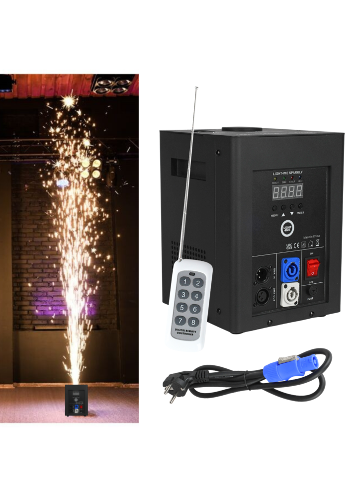 LIGHT4ME SPARKLY wytwornica maszyna do iskier zimnych ogni 600W DMX pilot bezprzewodowy wysokość emisji do 5 m