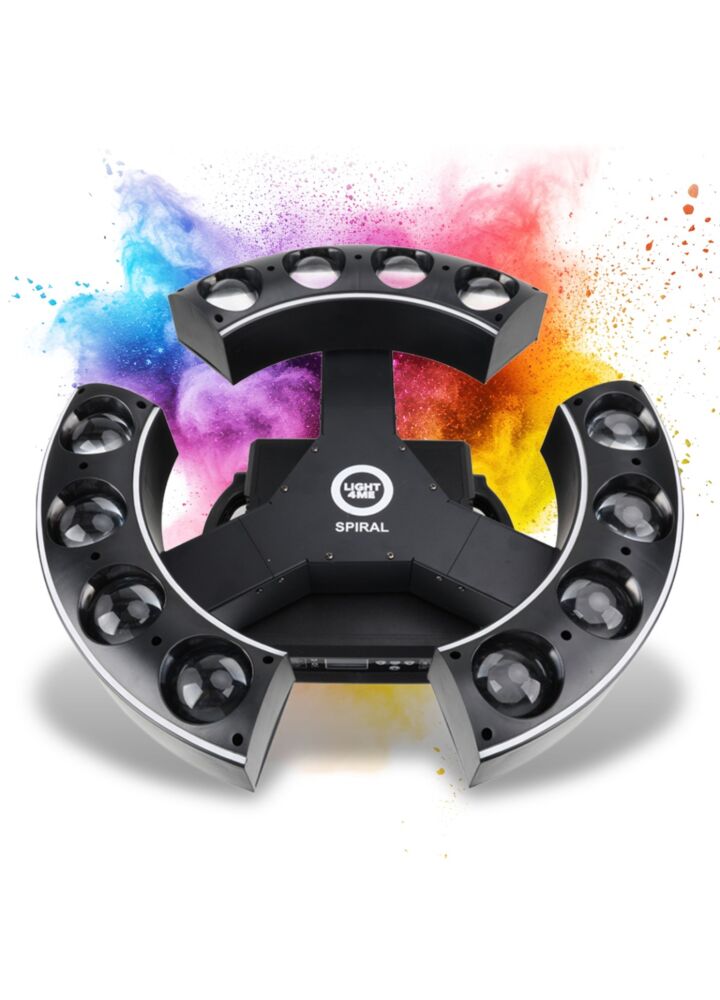 LIGHT4ME SPIRAL ruchomy efekt oświetleniowy LED DMX nieskończona rotacja 12x20W RGBW + 39x0,2W SMD 5050 RGB 2x uchwyt montażowy omega