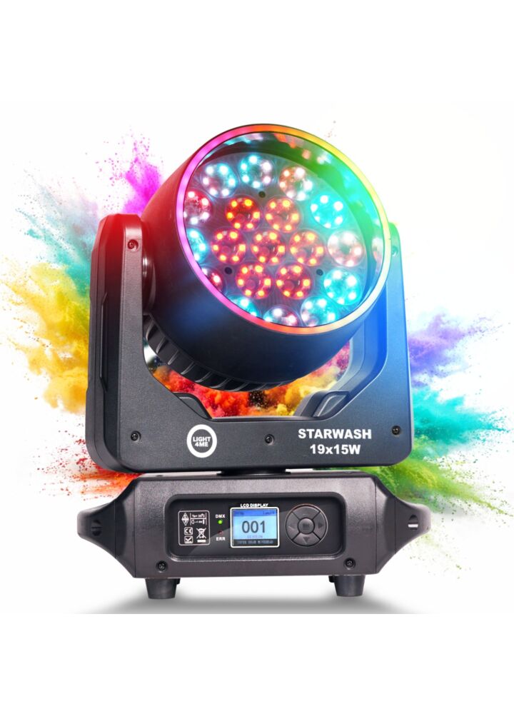 LIGHT4ME STARWASH 19x15W RGBW głowica ruchoma wash oświetlenie sceniczne LED DMX 162x0,5W RGB SMD 5050 2x efekt ring 2x uchwyt montażowy omega
