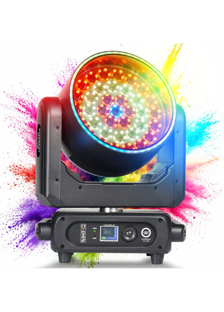 LIGHT4ME STARWASH 37x15W RGBW głowica ruchoma wash oświetlenie sceniczne LED DMX 162x0,5W RGB SMD 5050 efekt ring efekt tła 2x uchwyt montażowy omega