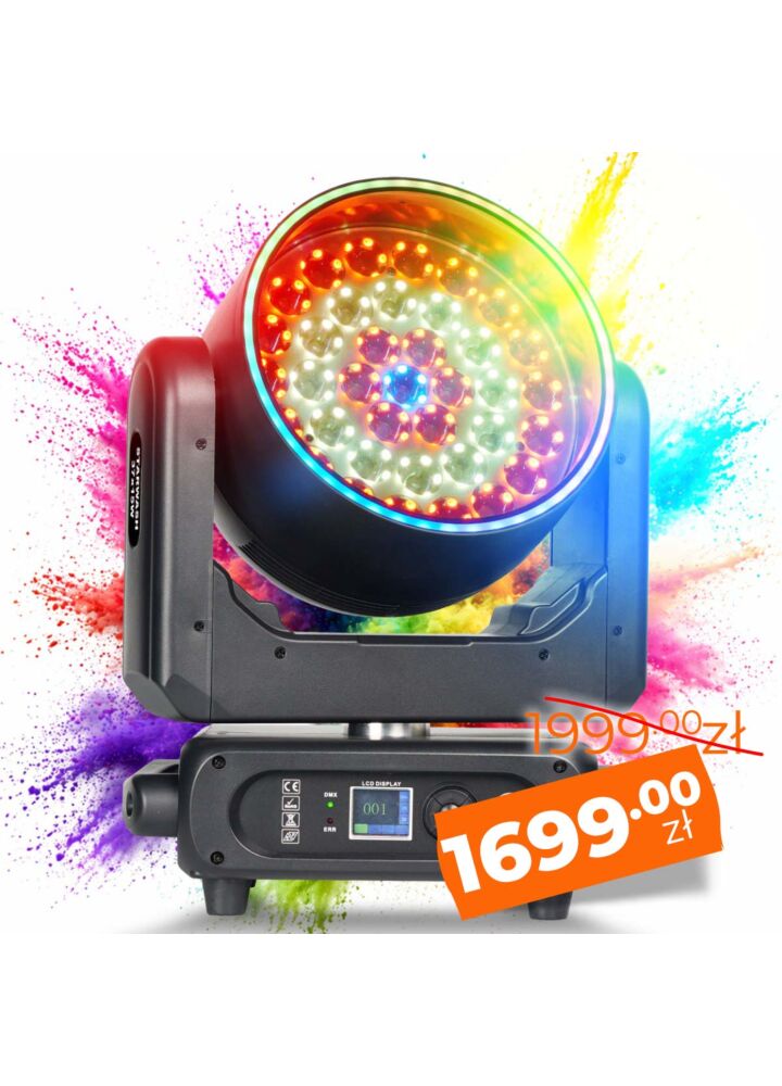 LIGHT4ME STARWASH 37x15W RGBW głowica ruchoma wash oświetlenie sceniczne LED DMX 162x0,5W RGB SMD 5050 efekt ring efekt tła 2x uchwyt montażowy omega
