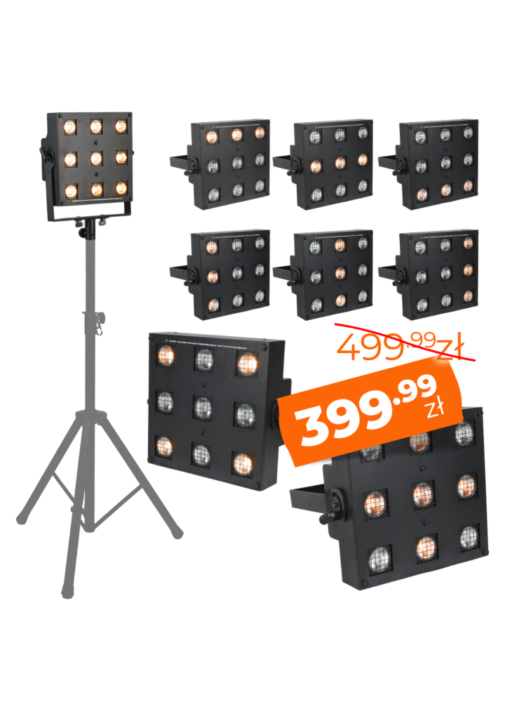 LIGHT4ME SUN PANEL blinder halogenowy oświetlenie sceniczne retro vintage DMX 9x35W WW GU10 ciepła biel uchwyt montażowy
