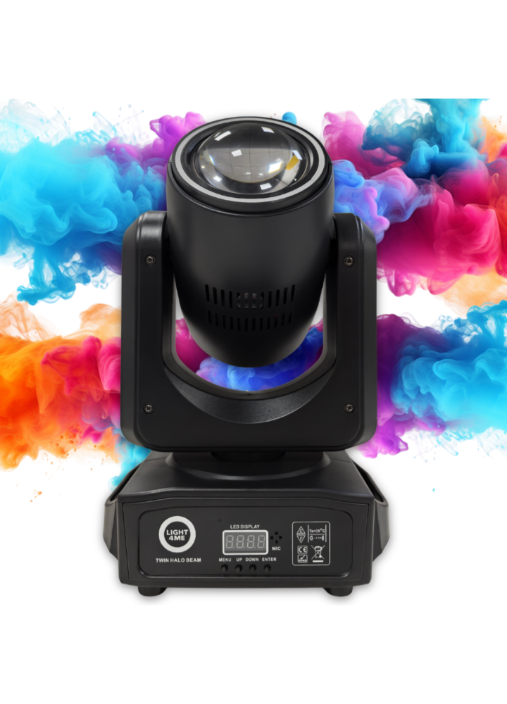 LIGHT4ME TWIN HALO BEAM podwójna głowica ruchoma beam 2x60W RGBW LED oświetlenie sceniczne DMX efekt ring 40x0,3W RGB SMD uchwyt montażowy omega