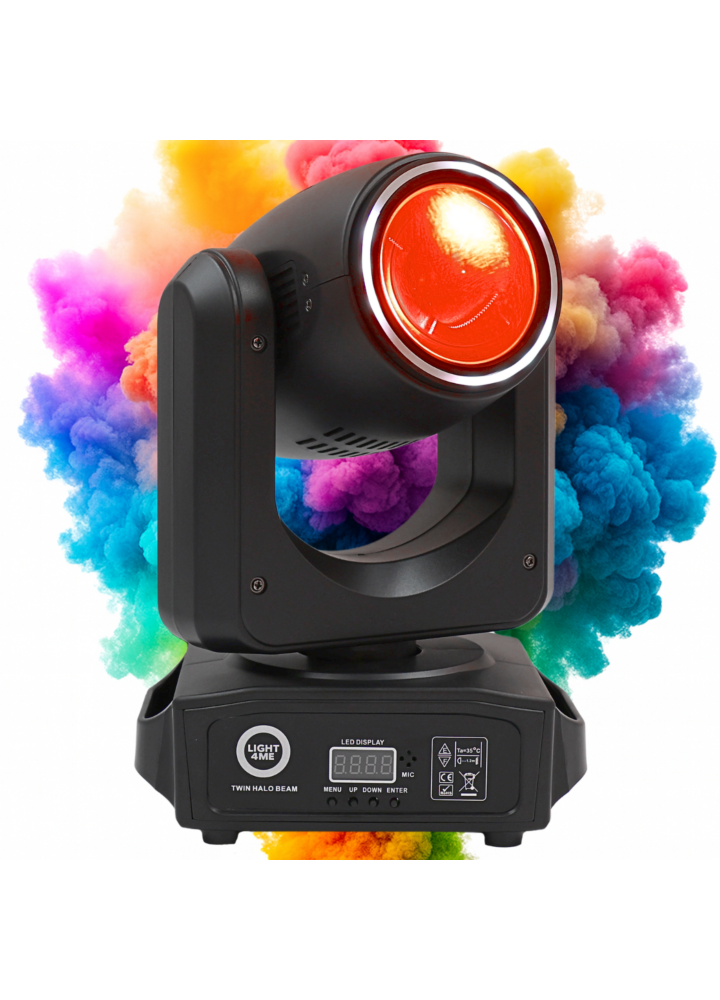 LIGHT4ME TWIN HALO BEAM podwójna głowica ruchoma beam 2x60W RGBW LED oświetlenie sceniczne DMX efekt ring 40x0,3W RGB SMD uchwyt montażowy omega