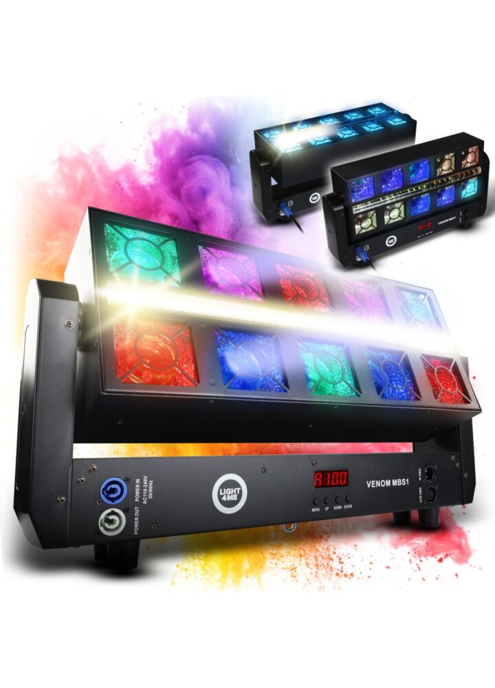 LIGHT4ME VENOM MBS1 ruchomy efekt oświetleniowy oświetlenie sceniczne stroboskop LED DMX efekt Beam 10x25W RGBW + efekt Glaze 160x0,4W RGBA SMD 5050 + efekt Cool White 96x0,5W CW SMD 7070 LED uchwyt montażowy omega