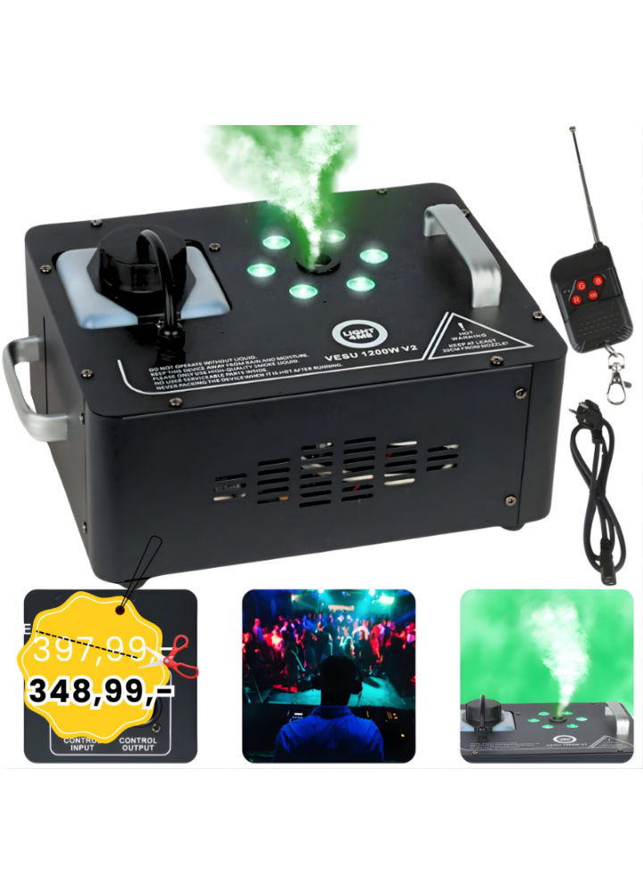 LIGHT4ME VESU 1200W V2 generator wytwornica dymu pionowego mgły DMX efekt świetlny 6x1W RGB LED pilot bezprzewodowy rączki do przenoszenia