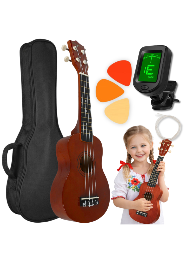 SUPRIMO UK21 SET DW ukulele sopranowe 21" ciemne drewno pokrowiec 3 kostki do gry zapasowe struny tuner zestaw dla dzieci do nauki gry