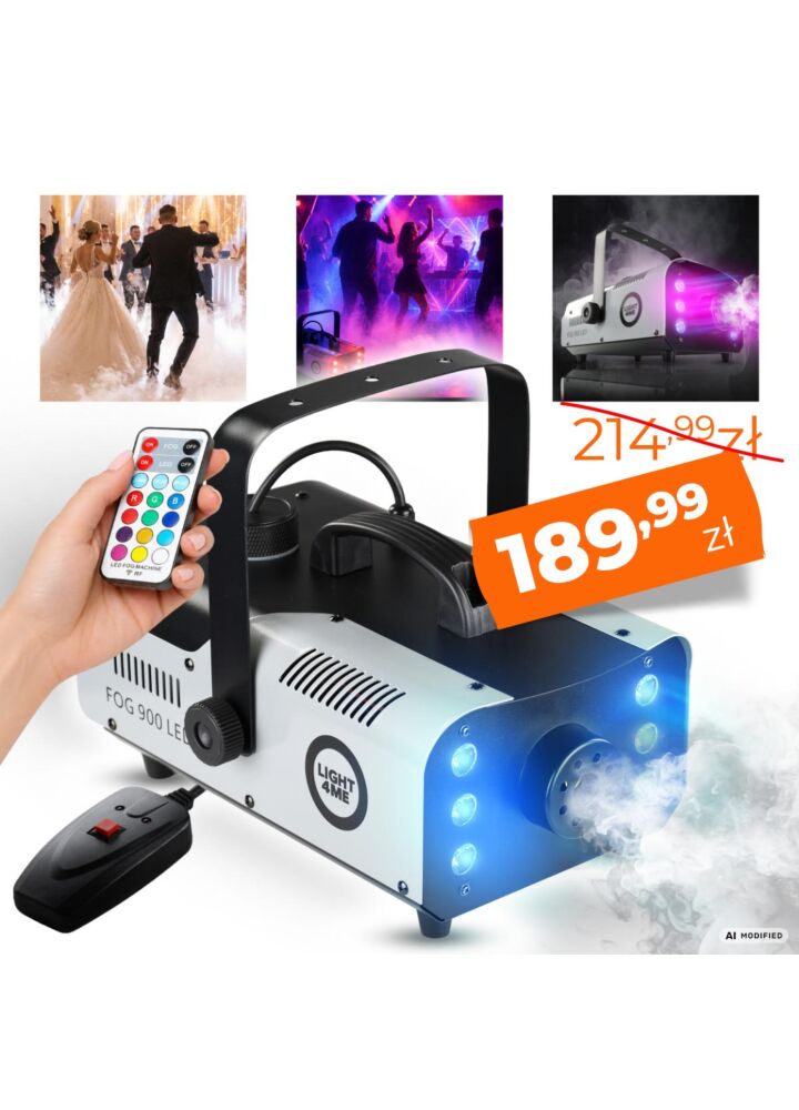 LIGHT4ME FOG 900 LED wytwornica dymu mgły pilot bezprzewodowy kontroler przewodowy 900W efekt świetlny 6x3W RGB