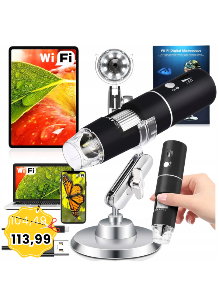 DH Line Mikroskop ręczny WiFi cyfrowy 1000x 2MP 8 LED Android iOS USB-C 360 przybliżenie