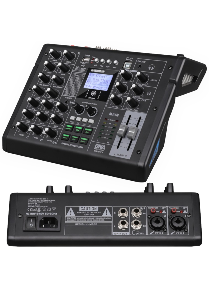 DNA MIX-EFF 4 analogowy mikser dźwięku 4 kanały USB MP3 Bluetooth Phantom +48V DSP EQ efekty dźwiękowe