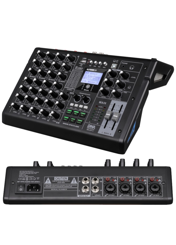 DNA MIX-EFF 6 analogowy mikser dźwięku 6 kanałów USB MP3 Bluetooth Phantom +48V DSP EQ efekty dźwiękowe
