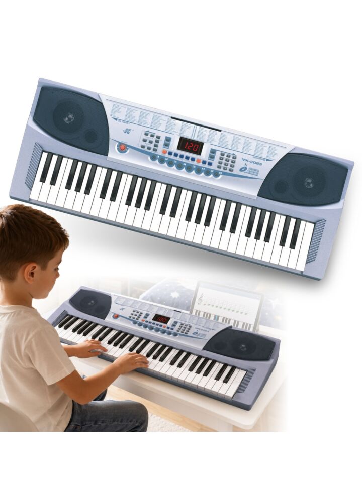 MK 2083 KEYBOARD elektroniczny edukacyjny przenośny srebrny 54 klawisze instrument dla dzieci do nauki gry pulpit do nut mikrofon przewodowy wbudowane głośniki wyjście słuchawkowe zestaw