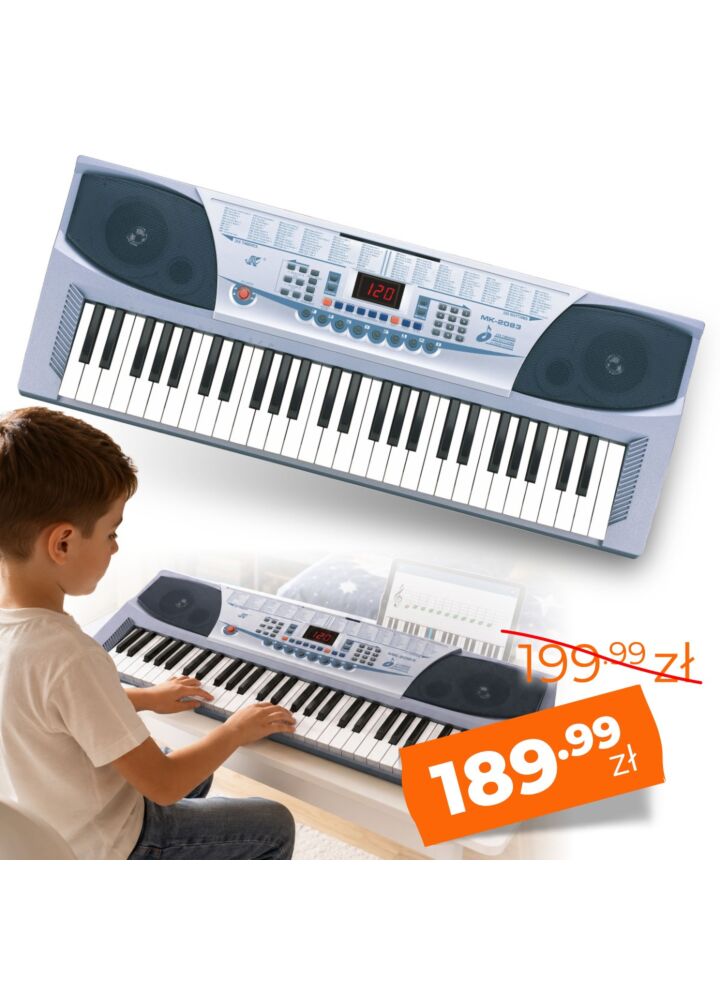 MK 2083 KEYBOARD elektroniczny edukacyjny przenośny srebrny 54 klawisze instrument dla dzieci do nauki gry pulpit do nut mikrofon przewodowy wbudowane głośniki wyjście słuchawkowe zestaw