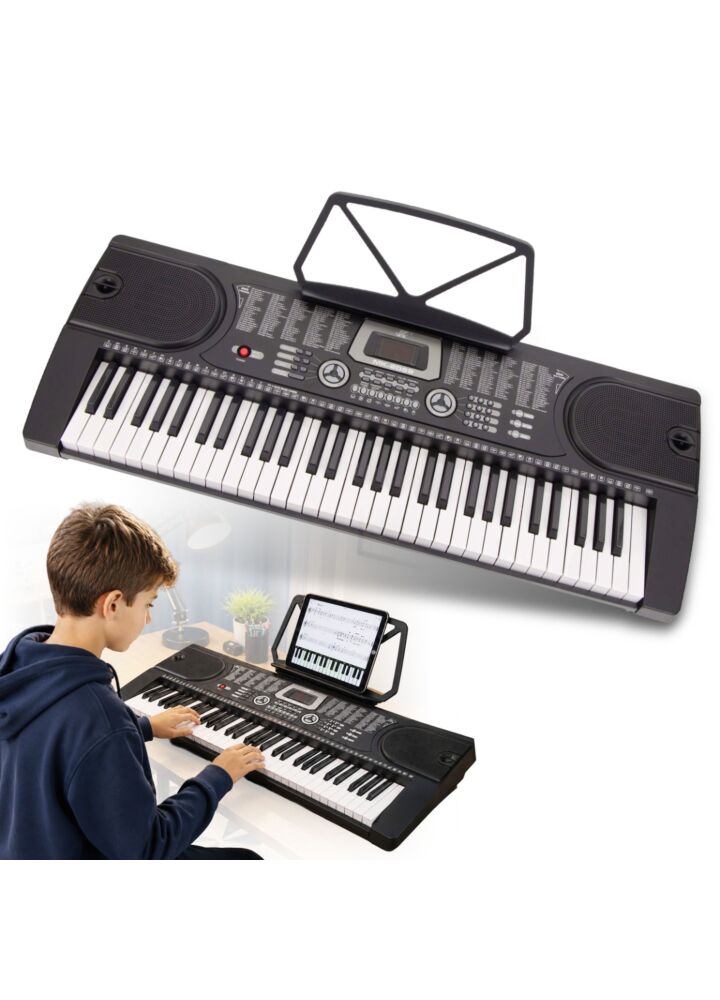 MK 2089 KEYBOARD elektroniczny edukacyjny przenośny czarny 61 klawiszy instrument dla dzieci do nauki gry pulpit do nut mikrofon przewodowy wbudowane głośniki wyjście słuchawkowe zestaw