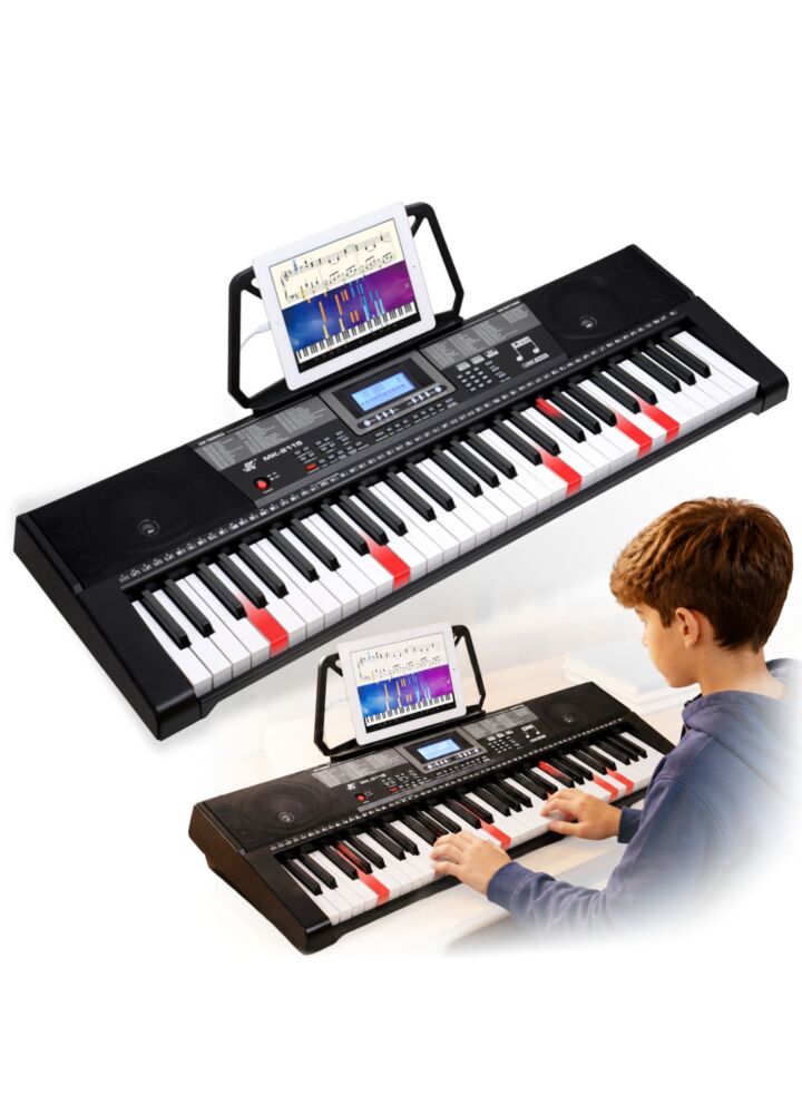 MK 2115 KEYBOARD elektroniczny edukacyjny przenośny czarny instrument MIDI dla dzieci do nauki gry 61 podświetlanych klawiszy pulpit do nut pedał sustain wbudowane głośniki wyjście słuchawkowe zestaw
