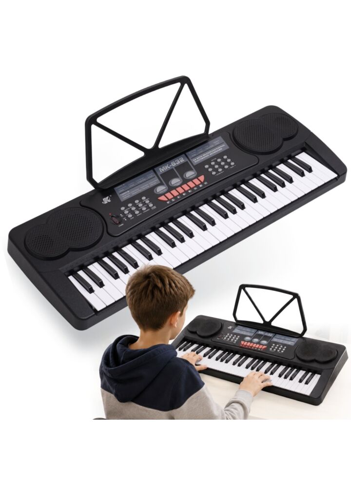 MK 632 KEYBOARD elektroniczny edukacyjny przenośny czarny 54 klawisze instrument dla dzieci do nauki gry pulpit do nut mikrofon przewodowy wbudowane głośniki wyjście słuchawkowe zestaw