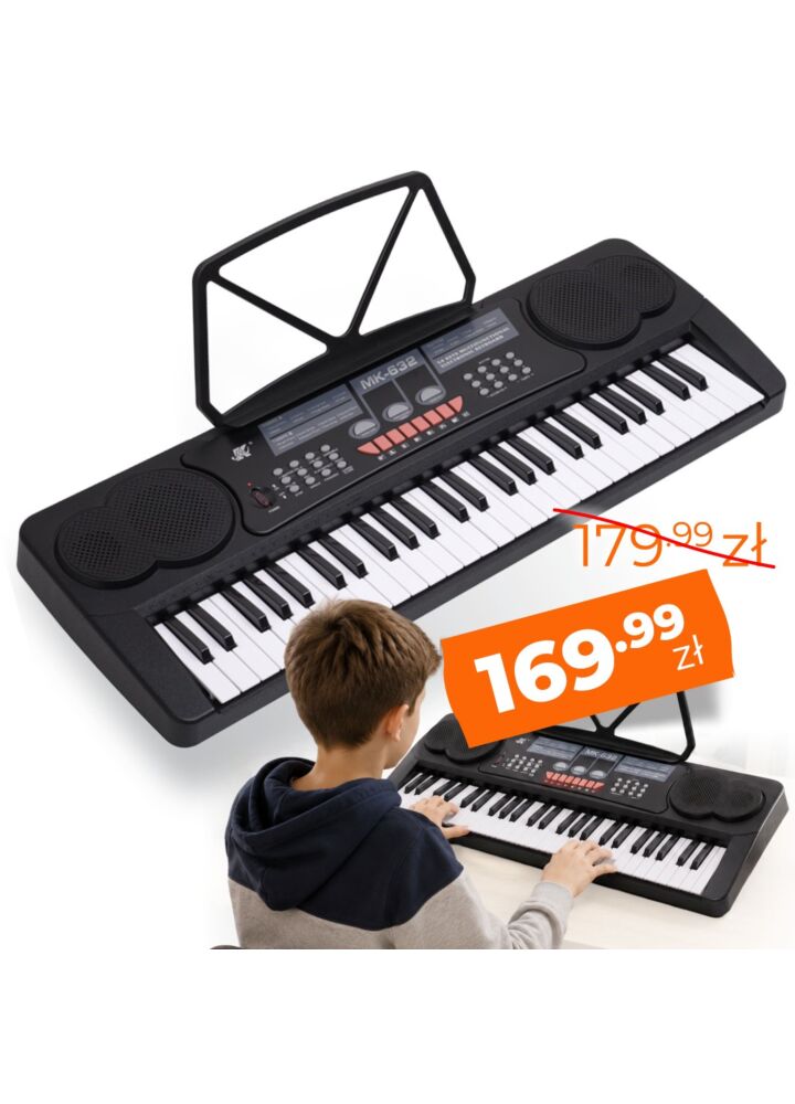 MK 632 KEYBOARD elektroniczny edukacyjny przenośny czarny 54 klawisze instrument dla dzieci do nauki gry pulpit do nut mikrofon przewodowy wbudowane głośniki wyjście słuchawkowe zestaw