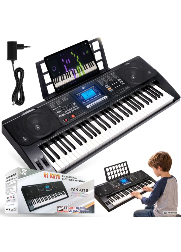 MK 812 KEYBOARD elektroniczny edukacyjny przenośny 61 dynamicznych klawiszy pulpit do nut odtwarzacz MP3 USB głośniki wyjście słuchawkowe