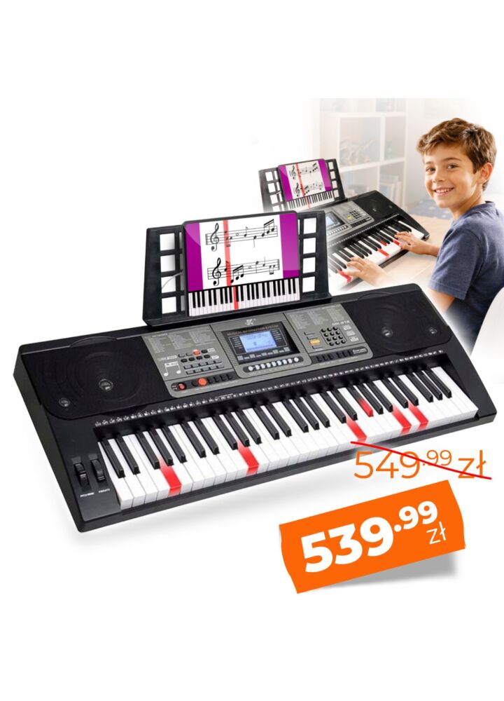 MK 816 KEYBOARD elektroniczny MIDI edukacyjny przenośny czarny 61 klawiszy instrument dla dzieci do nauki gry pulpit do nut głośniki stereo wyjście słuchawkowe zestaw