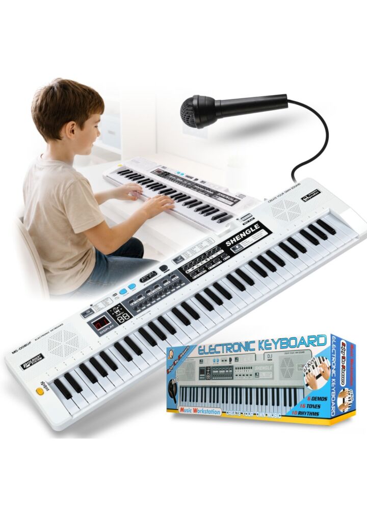 MQ 008UF KEYBOARD elektroniczny edukacyjny przenośny biały 61 klawiszy instrument dla dzieci do nauki gry odtwarzacz MP3 radio FM mikrofon przewodowy wbudowane głośniki stereo wyjście słuchawkowe zestaw