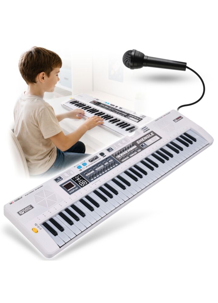 MQ 008UF KEYBOARD elektroniczny edukacyjny przenośny biały 61 klawiszy instrument dla dzieci do nauki gry odtwarzacz MP3 radio FM mikrofon przewodowy wbudowane głośniki stereo wyjście słuchawkowe zestaw