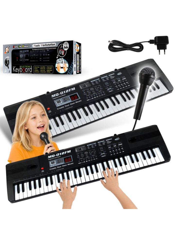 MQ 012FM KEYBOARD elektroniczny edukacyjny przenośny czarny 61 klawiszy instrument dla dzieci do nauki gry radio FM mikrofon przewodowy wbudowany głośnik wyjście słuchawkowe zestaw