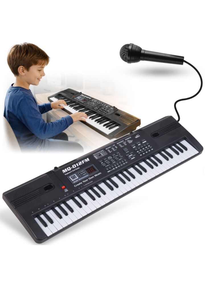 MQ 012FM KEYBOARD elektroniczny edukacyjny przenośny biały 61 klawiszy instrument dla dzieci do nauki gry radio FM mikrofon przewodowy wbudowany głośnik wyjście słuchawkowe zestaw