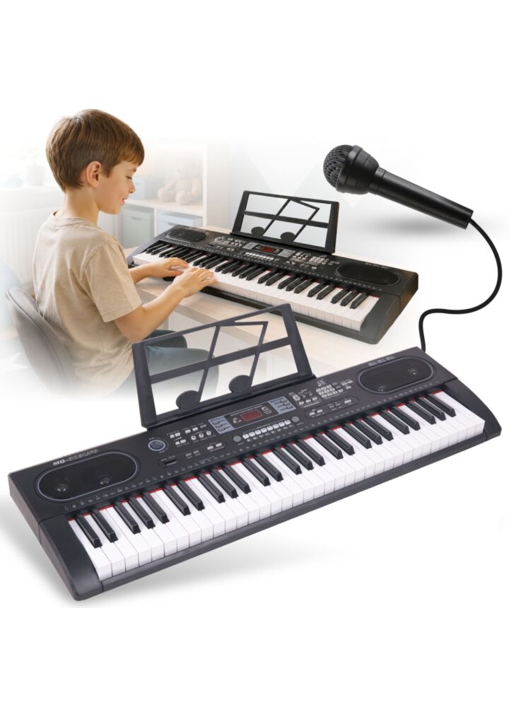 MQ 603 UFB KEYBOARD elektroniczny edukacyjny przenośny czarny 61 klawiszy instrument dla dzieci do nauki gry odtwarzacz MP3 radio FM Bluetooth pulpit do nut mikrofon przewodowy wbudowane głośniki stereo wyjście słuchawkowe zestaw