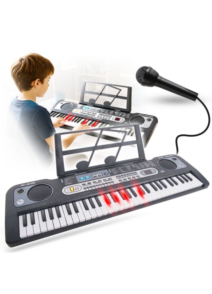 MQ 6119L KEYBOARD elektroniczny edukacyjny przenośny czarny 61 klawiszy instrument dla dzieci do nauki gry podświetlana klawiatura pulpit do nut mikrofon przewodowy wbudowane głośniki stereo wyjście słuchawkowe zestaw