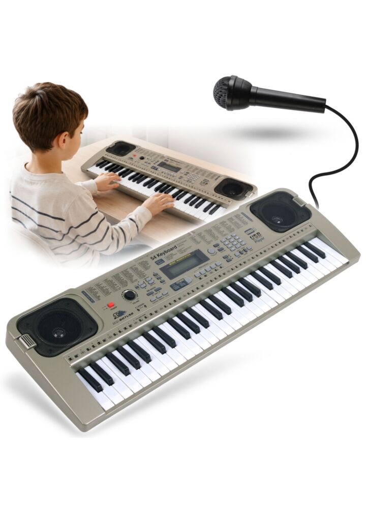MQ 807 USB KEYBOARD elektroniczny edukacyjny szary 54 klawisze instrument dla dzieci do nauki gry odtwarzacz MP3 pulpit do nut mikrofon przewodowy wbudowane głośniki stereo wyjście słuchawkowe zestaw