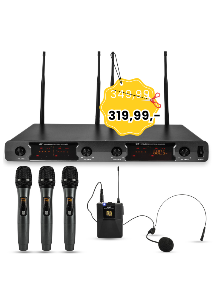 NN WMIC4 mikrofon bezprzewodowy 3x nadajnik doręczny + transmiter nagłowny bodypack system nagłośnienia UHF 648,5-690 MHz