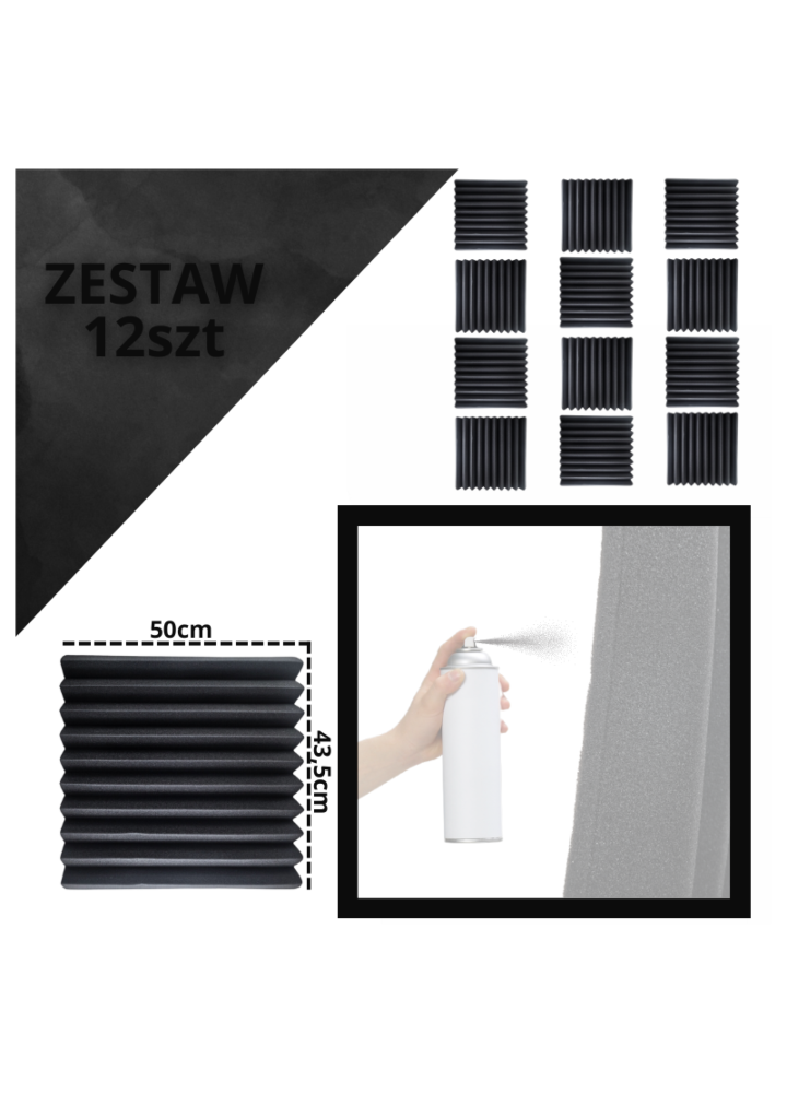 NN MATA AKUSTYCZNA panel akustyczny zestaw 12 szt. szary pianka mata wygłuszająca redukcja echa pogłosu