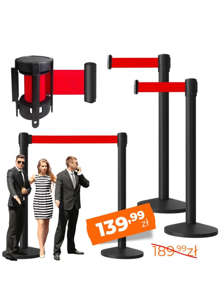 NN RCB 1 solidny czarny słupek odgradzający zestaw 2 szt. czerwona taśma barierka kolejkowa VIP