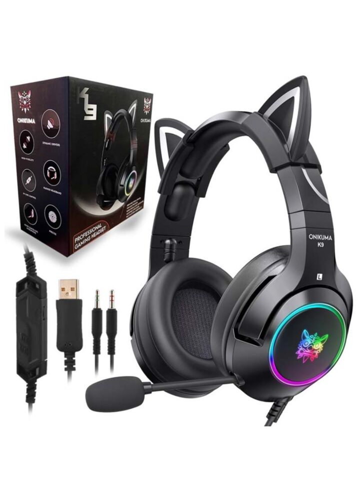 ONIKUMA K9 słuchawki gamingowe dla graczy BLACK LED uszy kota