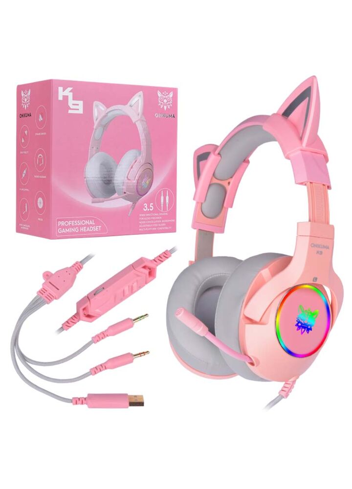 ONIKUMA K9 słuchawki gamingowe dla graczy PINK LED uszy kota