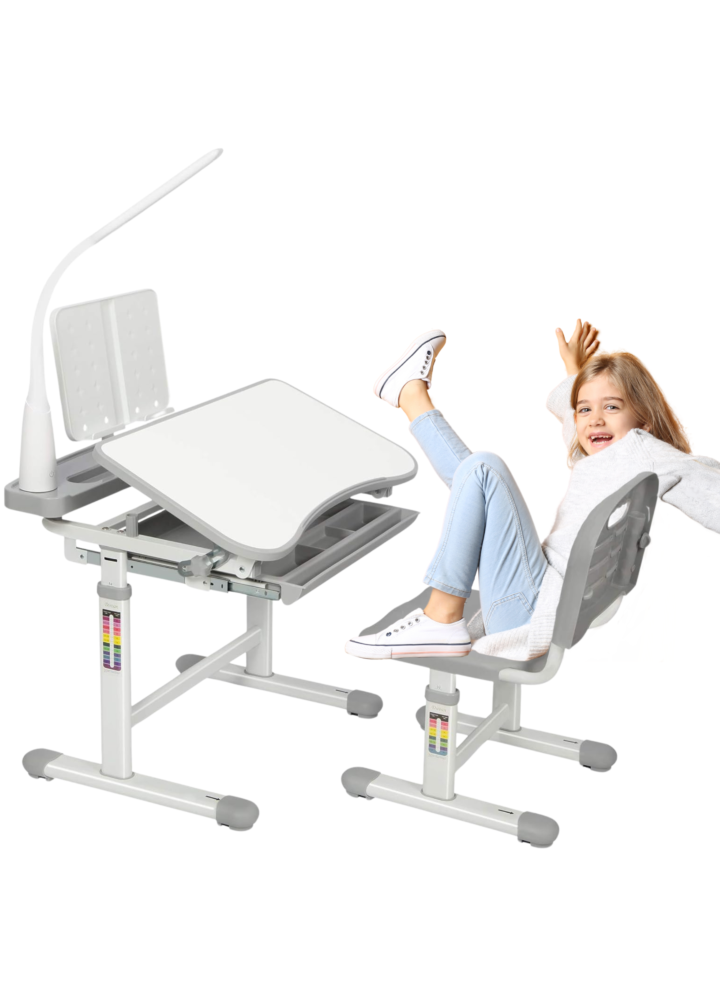 DH Line DESK 1 GY szare biurko dla dziecka z regulacją krzesło pulpit lampka LED haczyk szuflada przybornik zestaw