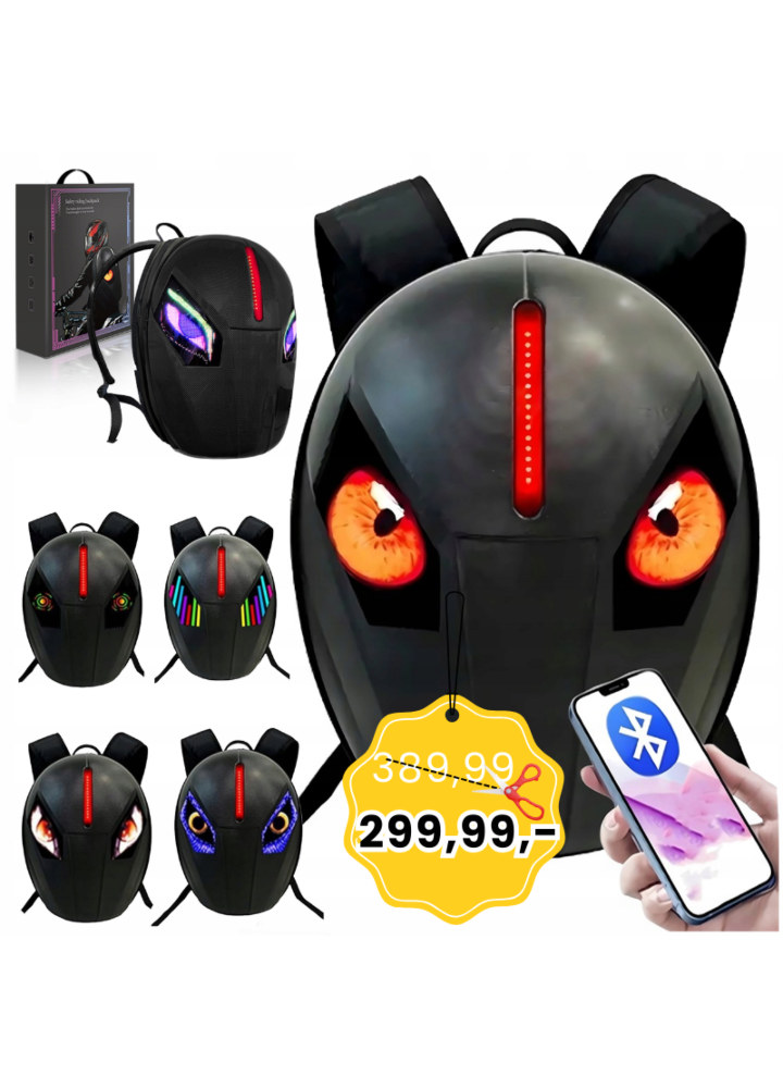 DH Style Cycling Backpack plecak rowerowy motocyklowy 2x ekran LED RGB oczy wodoodporny USB-A aplikacja Bluetooth