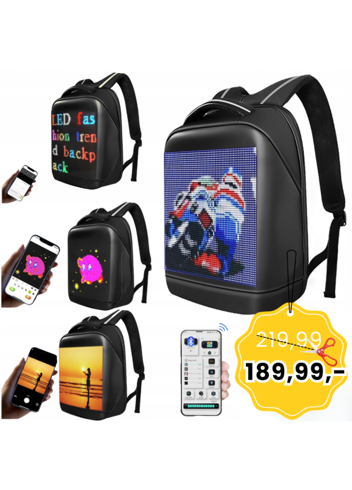 DH Style Led Backpack świecący plecak z ekranem LED RGB USB-A aplikacja Bluetooth 8 wbudowanych efektów wyświetlania