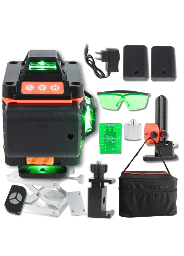 DH Line L4D poziomica laserowa 4D samopoziomująca 16 liniowa laser krzyżowy pilot bezprzewodowy 2x akumulator winda uchwyt montażowy adapter statywu tarcza celownicza okulary pokrowiec zestaw