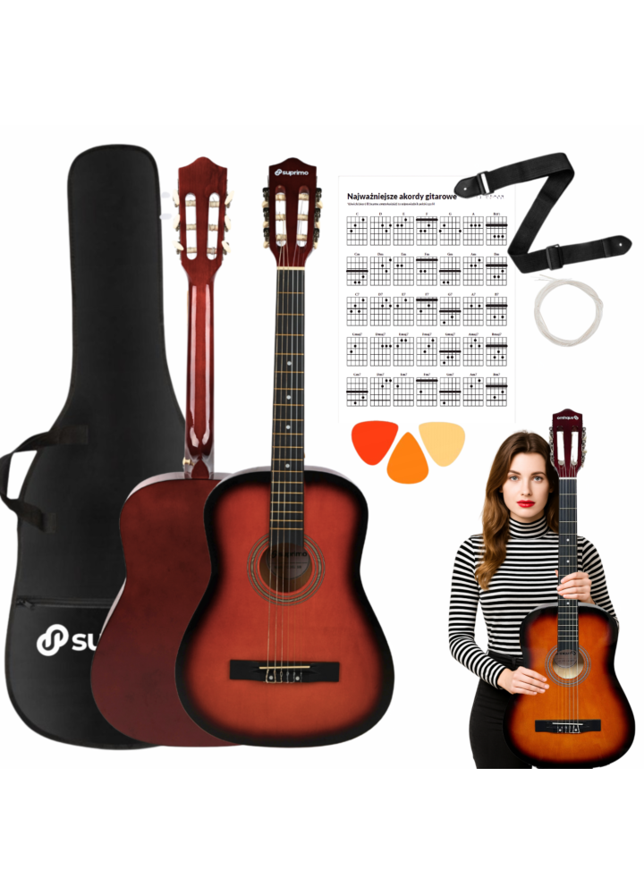 SUPRIMO CGS2 SB gitara klasyczna 4/4 sunburst do nauki dla początkujących kostki pasek zapasowe struny pokrowiec akordy zestaw